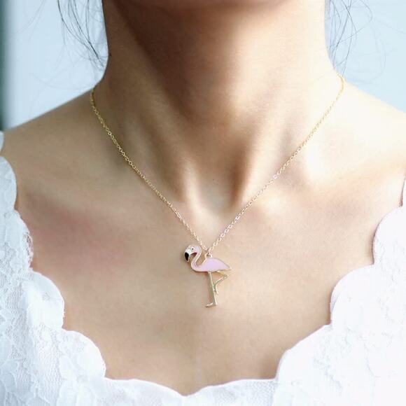 Flamingo Bird Pink with Black and Yellow Beak Charm Necklace - Picture 3 of 4